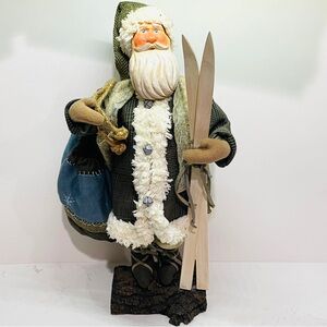 Hallmark Woodland Jolly Santa Large Figurine Skis 1990s Green